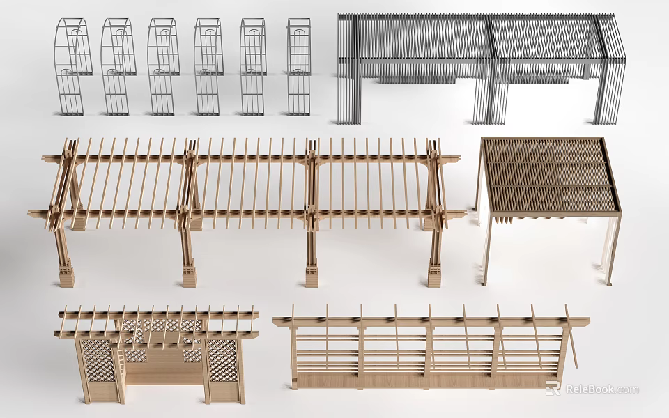 Different Open Pergola Structures With Slatted And Grid Designs For Garden 3d model 