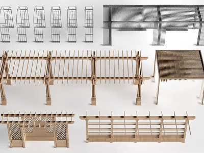 Different Open Pergola Structures With Slatted And Grid Designs For Garden 3d model