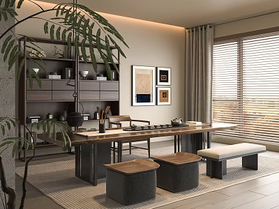Serene Tea Room Interior With Wooden Table Stools Bench Bookshelf And Palm Leaves 3d model