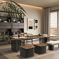 Serene Tea Room Interior With Wooden Table Stools Bench Bookshelf And Palm Leaves
