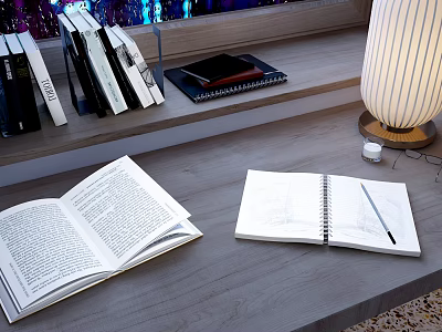Open Book And Spiral Notebook On Study Table With Bookshelf And Table Lamp 3d model