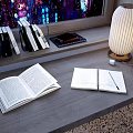 Open Book And Spiral Notebook On Study Table With Bookshelf And Table Lamp