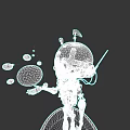 Mechanical Robot Character With Pink Cross Head Holding Staff And Blue Bubbles