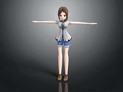 Human Character 3D Model With Brown Hair Green Eyes Gray Coat Blue Shorts Arms Outstretched 3d model