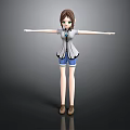 Human Character 3D Model With Brown Hair Green Eyes Gray Coat Blue Shorts Arms Outstretched