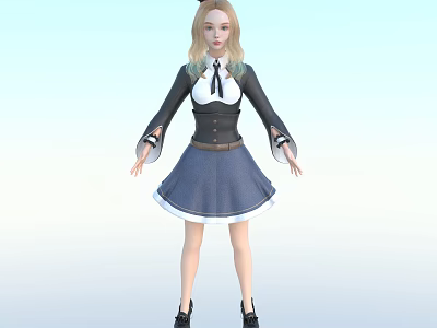 Woman With Blonde Long Hair Wearing Black And White Top Blue Skirt And Black Shoes 3d model