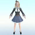 Woman With Blonde Long Hair Wearing Black And White Top Blue Skirt And Black Shoes