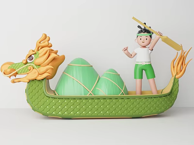 Little Boy Standing On Green Dragon Boat With Dragon Head And Mountain Shaped Structure 3d model