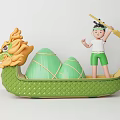 Little Boy Standing On Green Dragon Boat With Dragon Head And Mountain Shaped Structure