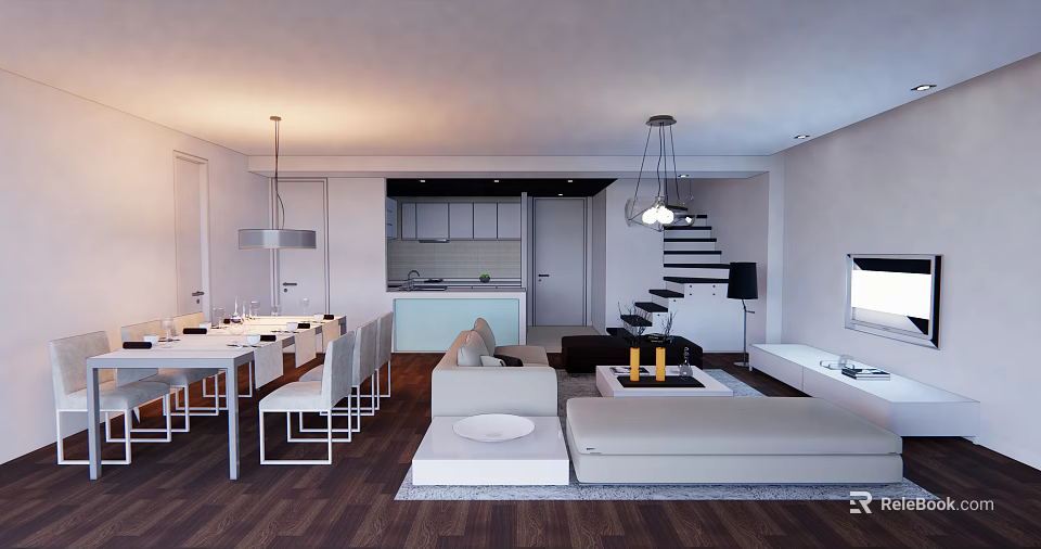 Modern Open Kitchen Interior Design With Island Counter Cabinets And Appliances 3d model 