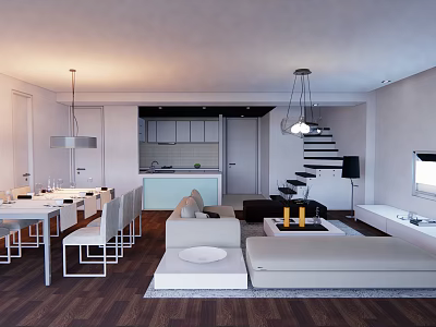 Modern Open Kitchen Interior Design With Island Counter Cabinets And Appliances 3d model