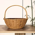 Stylish Natural Wicker Basket as Household Item on Wooden Table with Bamboo Plant