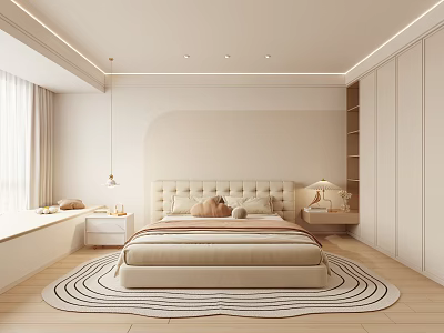 Modern Minimalist Living Room with Beige Sofa Floor-to-Ceiling Windows Round Rug and Wooden Flooring 3d model