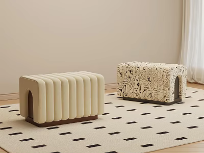 Two Stylish Shoe Benches With Ribbed And Patterned Designs On Black Square Pattern Rug 3d model