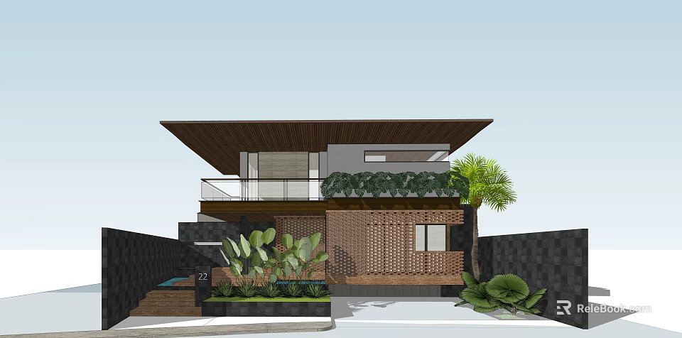 Modern Detached Villa With Brown Roof Balcony Green Plants Palm Tree And Brick Wall 3d model 