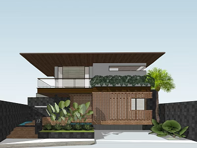 Modern Detached Villa With Brown Roof Balcony Green Plants Palm Tree And Brick Wall 3d model