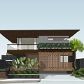 Modern Detached Villa With Brown Roof Balcony Green Plants Palm Tree And Brick Wall