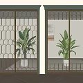 Sliding Doors with Golden Geometric Grid Design in Modern Indoor Space with Green Plants