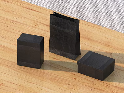 Stylish Black Decorative Ornament Set With Boxes And Bag On Wooden Surface 3d model