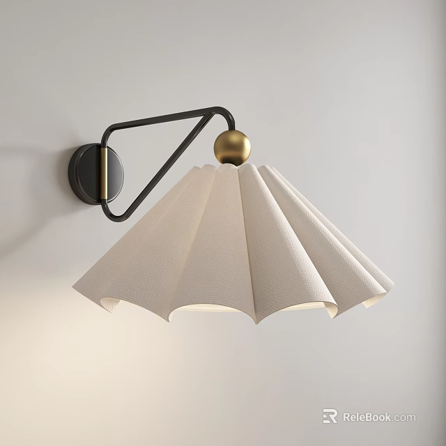 Modern Wall Lamp With White Pleated Fabric Shade Black Metal Bracket And Golden Ball Accent 3d model 