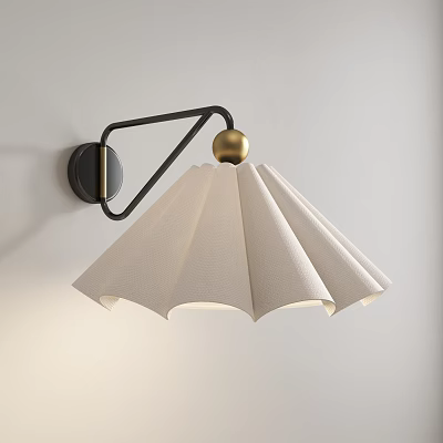 Modern Wall Lamp With White Pleated Fabric Shade Black Metal Bracket And Golden Ball Accent 3d model