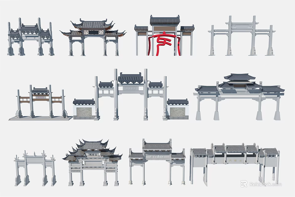 Traditional Chinese Memorial Archways Featuring Various Classic Ancient Architectural Designs 3d model