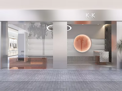 Modern K K Boutique Store Exterior With Glass Door And Circular Wall Decor 3d model