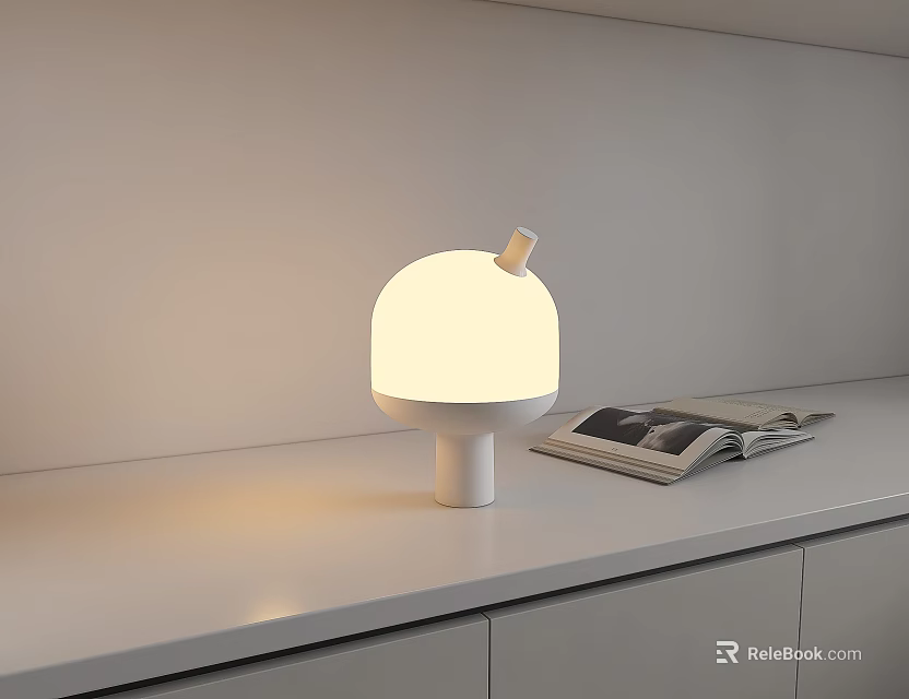 Minimalist White Lit Table Lamp With Round Shade On White Countertop And Open Magazine 3d model 