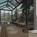Modern Villa Balcony Sunroom Design With Glass Roof Wooden Flooring And Green Plants