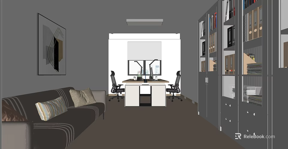 Modern Office Interior With Sofa Two Chairs Desks Computers And Bookshelves 3d model 