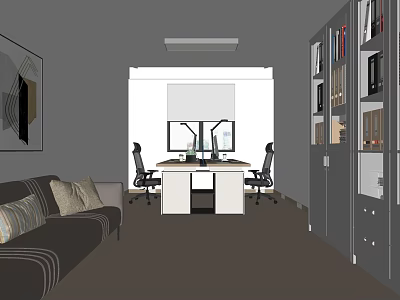 Modern Office Interior With Sofa Two Chairs Desks Computers And Bookshelves 3d model
