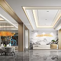 Modern Luxury Sales Office Interior Design With Marble Reception Desk Decorative Chandelier And Tables Chairs