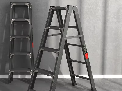 Two Dark Gray Metal Folding Ladders With Sturdy Steps And Stable Structure 3d model