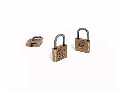 Three Brass Padlocks With Different Sizes And Keyhole Details On White Background 3d model