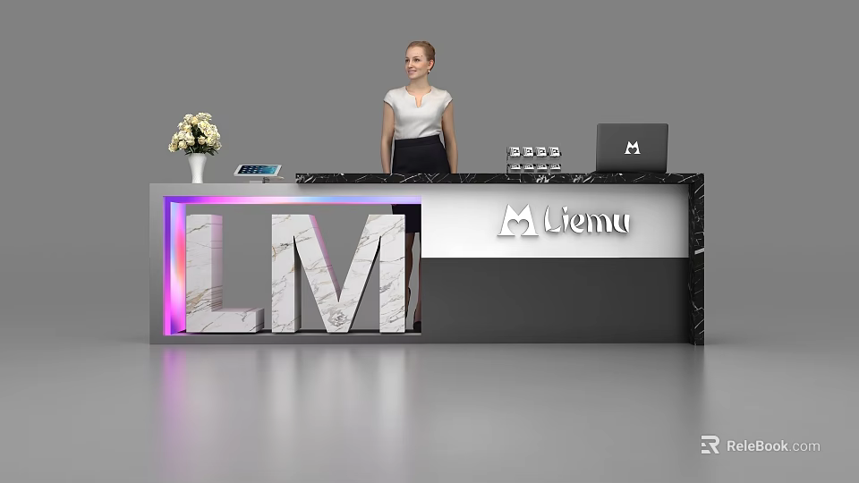 Modern Reception Desk With Illuminated LM Letters Liemu Logo Flower Tablet And Laptop 3d model 