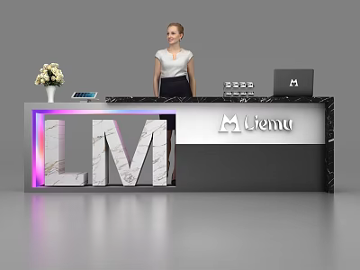 Modern Reception Desk With Illuminated LM Letters Liemu Logo Flower Tablet And Laptop 3d model