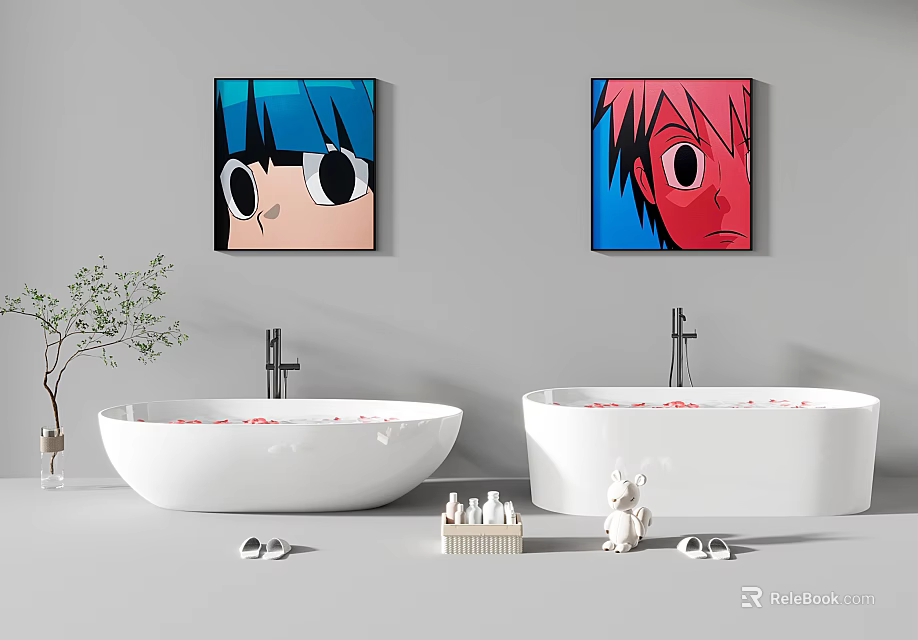 Two White Bathtubs In Modern Bathroom Interior With Wall Cartoon Paintings Green Plant And Toiletries 3d model 