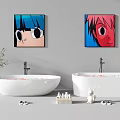 Two White Bathtubs In Modern Bathroom Interior With Wall Cartoon Paintings Green Plant And Toiletries
