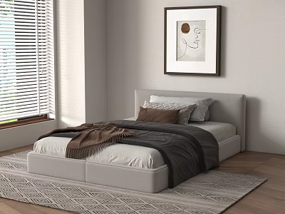 Cozy Single Bed In Modern Room With Window Blinds Pillows Blanket Rug And Framed Art 3d model