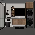 Modern Bathroom Interior With Glass Shower Toilet Vanity Wooden Cabinets And Washing Machine Dryer