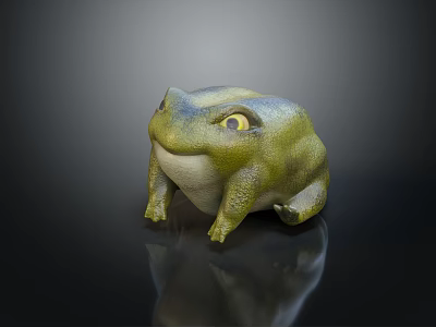Realistic 3D Frog Model Featuring Green Yellow Body And Yellow Eyes On Black Background 3d model