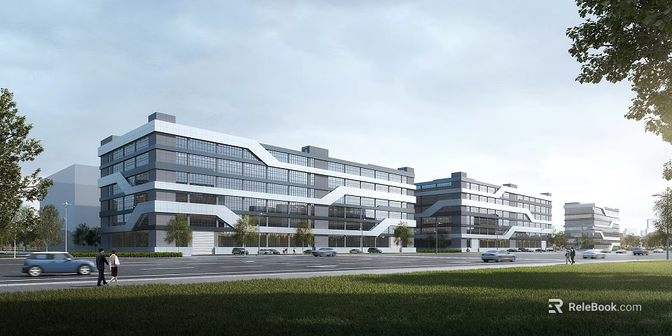 Modern Multi Storey Industrial Factory Building Featuring Large Glass Windows And Green Surroundings 3d model 