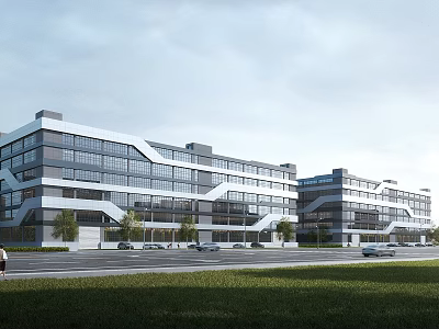 Modern Multi Storey Industrial Factory Building Featuring Large Glass Windows And Green Surroundings 3d model