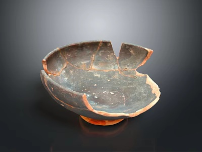 Antique Broken Ceramic Bowl With Chips Dark Surface And Orange Rim For Home Living 3d model