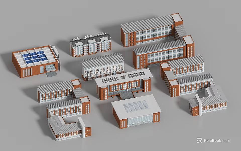 Various Red Brick And White School Buildings With Flat Sloped Roofs And Large Windows 3d model