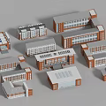 Various Red Brick And White School Buildings With Flat Sloped Roofs And Large Windows 3d model