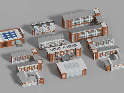 Various Red Brick And White School Buildings With Flat Sloped Roofs And Large Windows 3d model