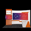 Modern Exhibition Display Shelves With Orange Pillars Digital Screen And Slogan