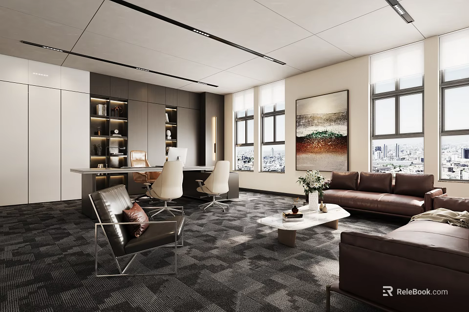 Modern Office Interior Design With Dark Gray Carpet Large Windows And Wall Artwork 3d model