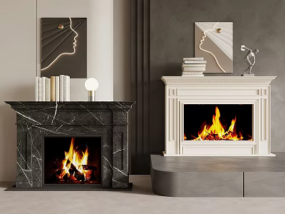 Black And White Marble Fireplaces With Burning Fire Books And Wall Art Decor 3d model